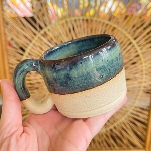 Mini Ceramic Mug Cup Blue Aqua Tones Student Studio Pottery Piece